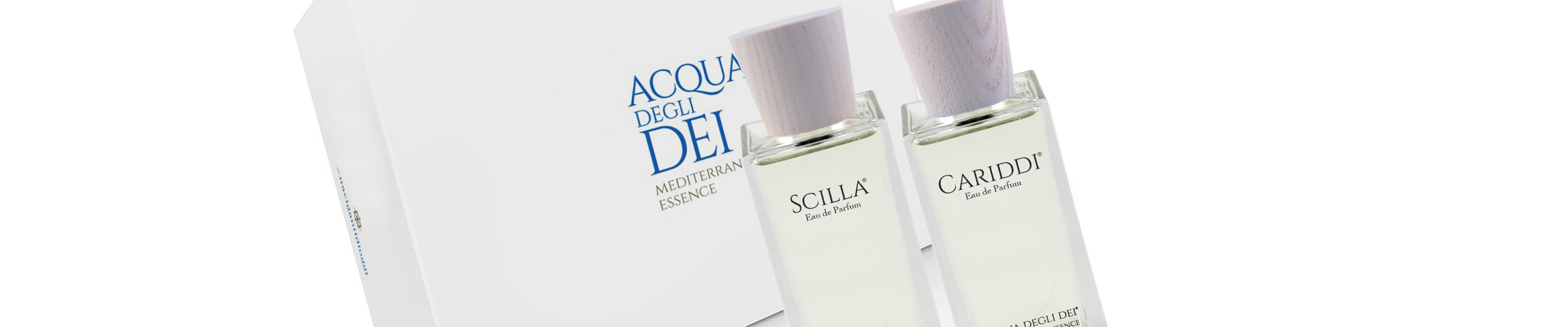 The two eau de parfum Scilla and Cariddi in the 100 ml format, kept in the elegant gift box